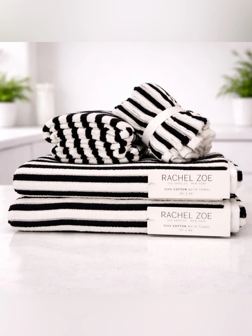 Rachel Zoe Black & Ivory Stripe Ribbed 8-Piece Towel Set NWT Cotton Hotel Luxury